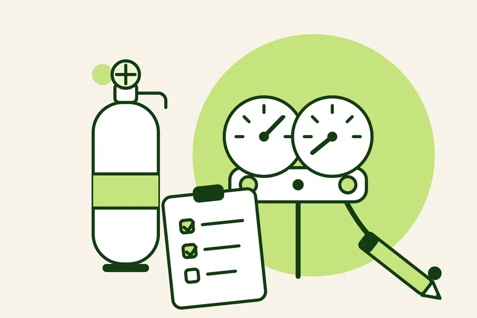 Flat illustration of a manifold gauge set, a refrigerant recovery cylinder, and a study clipboard with a ticked checklist